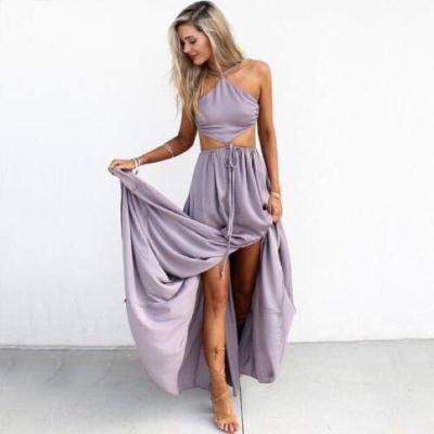 prom Dresses,Sexy Floor Length Prom Party Dress - Light Purple Halter with Backless