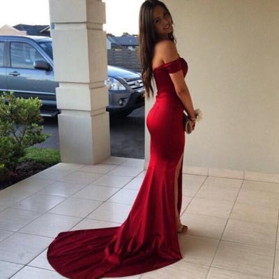 prom Dresses,Charming Long Prom/Evening Dress - Red Mermaid Off the Shoulder with Leg split