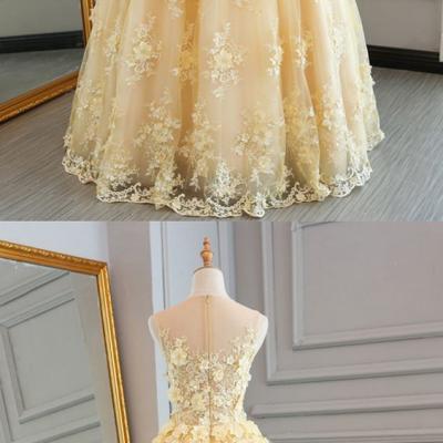 Yellow tulle lace prom dress, ball gown, 2018 prom dresses 