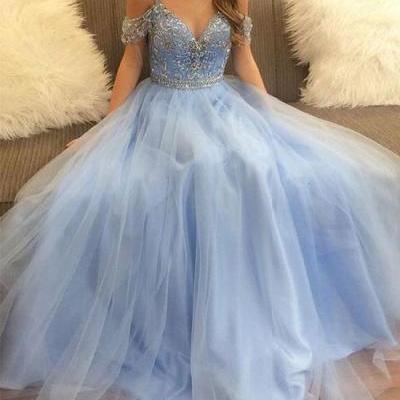 Stylish A-Line Off-Shoulder Blue Tulle Long Prom/Evening Dress with Beading A4