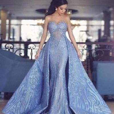 elegant sweetheart mermaid prom dress with detachable train, fashion mermaid sweetheart blue party dress with detachable train B0181