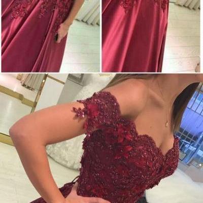 burgundy off shoulder prom party dresses, elegant ball gowns B0246