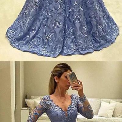 elegant blue lace long sleeves prom dress, fashion A-line V-neck blue lace party dress B0340