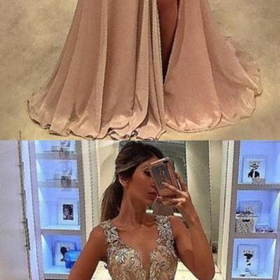 fashion blush pink prom dress with split, elegant chiffon party dress with appliques, sexy prom dress with slit B0341