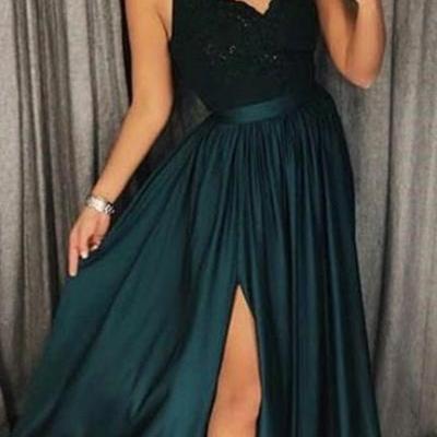 sexy spaghetti straps dark green prom dress with split, fashion dark green spaghetti strap evening dress with appliques B1266