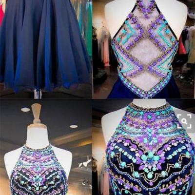 Luxurious A-Line Halter Dark Navy Blue Short Homecoming Dress with Beading