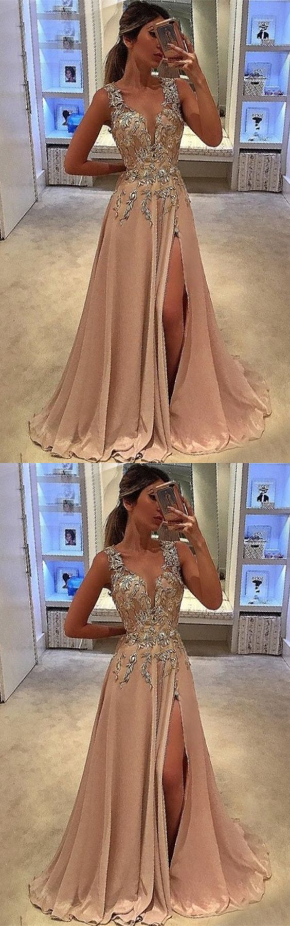 Fashion Blush Pink Prom Dress With Split, Elegant Chiffon Party Dress
