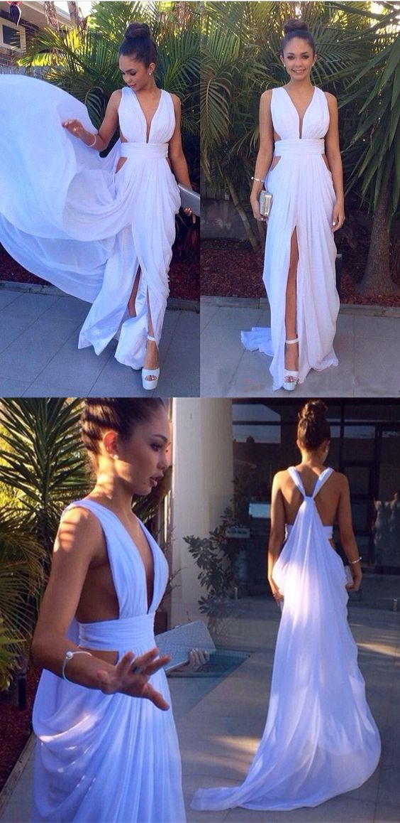 A-Line Low V Neck Halter Sleeveless High Side Slit and Train Prom Dress WU1187 main image 0