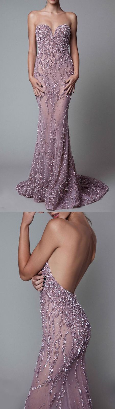 Pretty Purple Strapless Beading Sheath Sweep Train Long Prom Dress