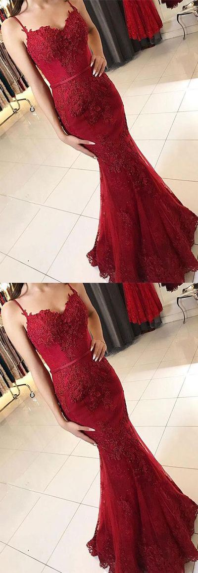 Stunning Burgundy Spaghetti-Straps V-Neck Mermaid Evening Dress Sleeveless With Ruffles