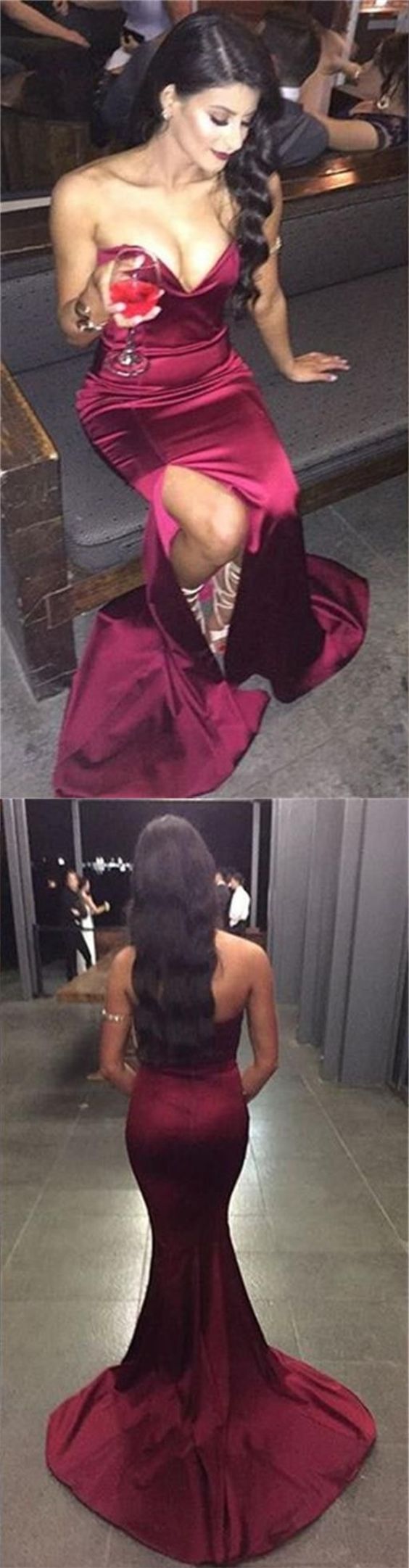 Sexy Sweetheart Mermaid Burgundy Satin Long Evening Prom Dress Online, OL026