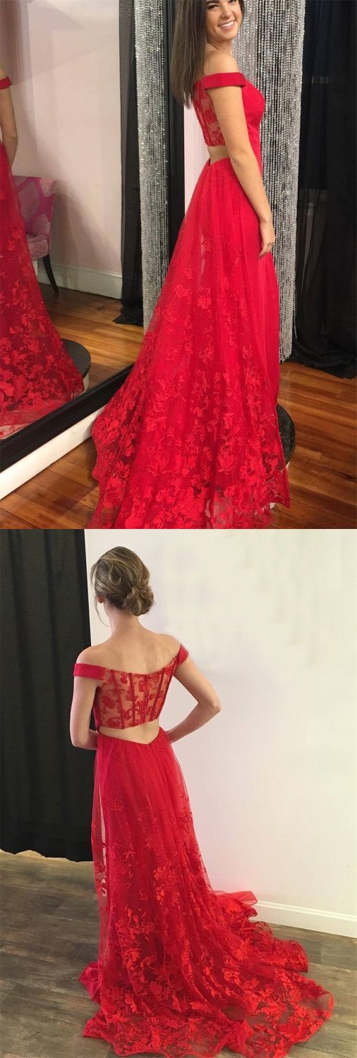 Elegant Off The Shoulder Prom Dress With Lace Appliques, Fashion Red