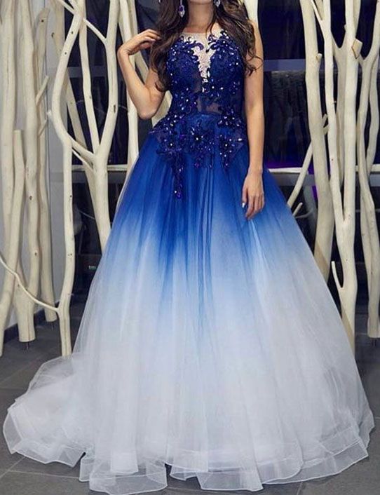 Elegant Royal Blue White Long Prom Dresses With Appliques For Women