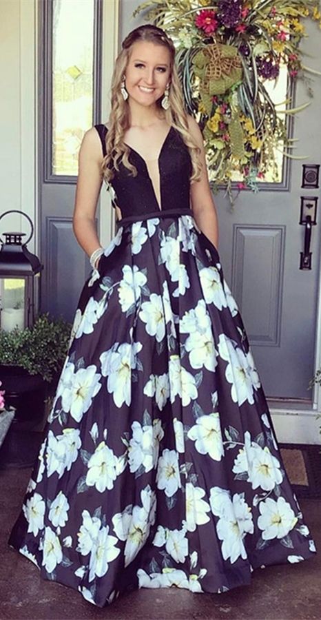 Flower Print Prom Dresses with Pockets