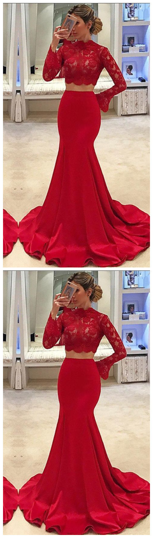 High Neck Long Sleeve Two Piece Prom Dresses on Luulla