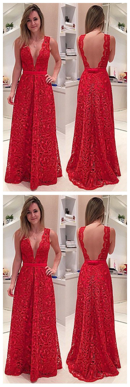 Deep V Neck Red A Line Prom Dress Y7168 main image 1