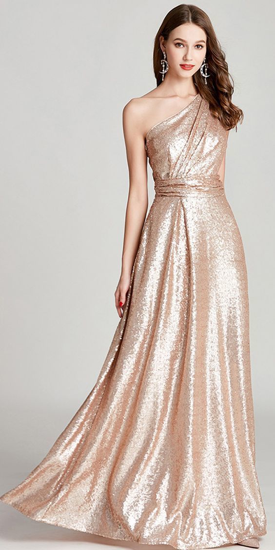 Sequins Party Dress, One Shoulder Prom Dress,Aline Evening Dress,Floor Length Prom Dress on Luulla