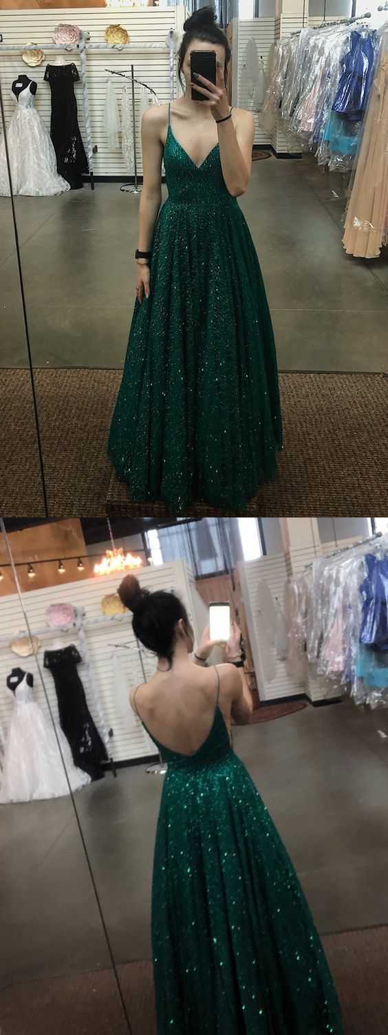 A Line V Neck Spaghetti Straps Backless Dark Green Prom Dresses, Dark Green Formal Dresses
