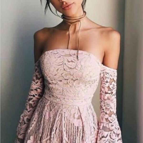 Off The Shoulder Long Sleeve V Neck A Line Lace Homecoming Dresses      fg3736 main image 0