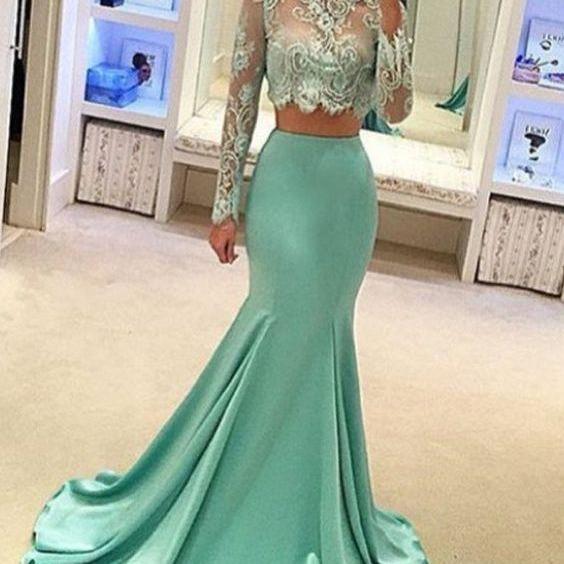 Elegant Two Piece Long Sleeves Prom Dress With Lace , Fashion 2 Piece ...