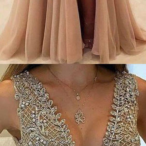 Backless High Slit Sexy Prom Dresses Champagne Chiffon Prom Dress Sxy Party Dress With Beading 8661