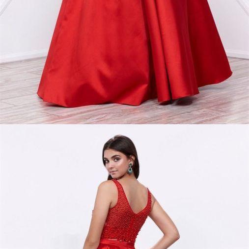 Elegant Two Piece Red Prom Dress With Beading Fashion Red Satin 2 Piece Party Dress With Pocket 1118