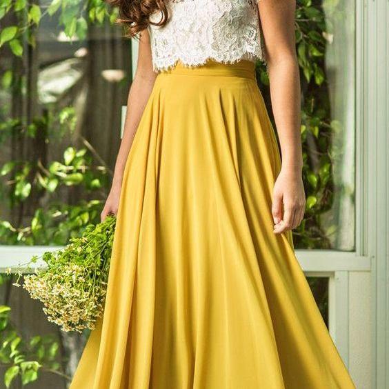 Elegant Two Piece Yellow Chiffon Prom Dress With Lace , Fashion 2 Piece ...