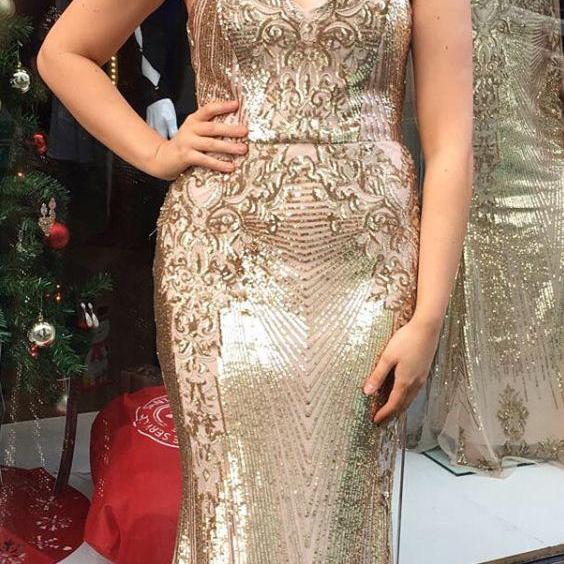 Elegant Sweetheart Gold Prom Dress With Sequins , Bodycon Sweetheart