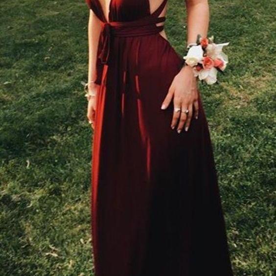 Simple Sexy Backless Evening Dress Burgundy Prom Dress