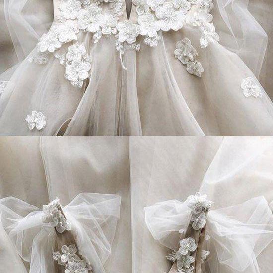A-Line/Elegant V-neck Sleeveless Applique Tulle Prom Dresses main image 1
