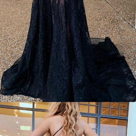 V-neck  Appliqued Spaghetti Straps Mermaid Prom Dress Black