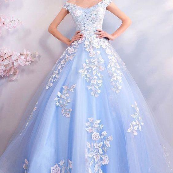 Light Blue Ball Gown Prom Dress Formal With Off Shoulder Flowers on Luulla
