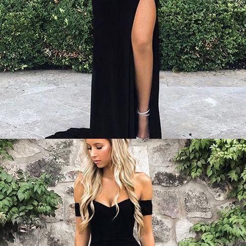 Mermaid Off-the-shoulder Front Split Black Stretch Satin Prom Dress on ...