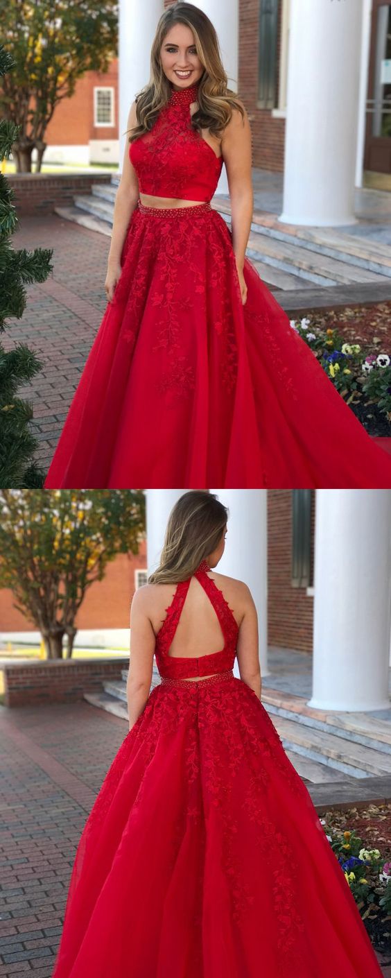 Elegant Two Piece Red Prom Dress With Appliques, Luxury 2 Piece Halter ...