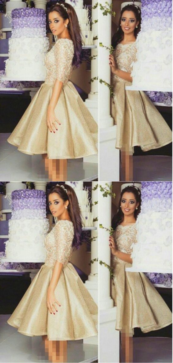 Elegant Crew Half Sleeves Prom Dresses, KneeLength Gold Party Dress