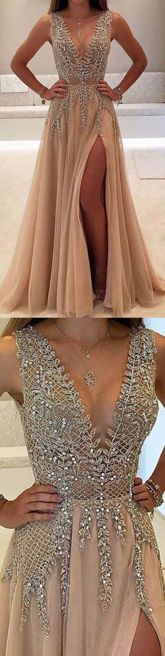 Backless High Slit Sexy Prom Dresses Champagne Chiffon Prom Dress Sxy Party Dress With Beading 4627