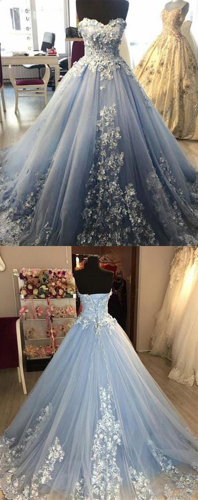 Luxurious A-line Sweetheart Blue Tulle Long Prom/evening Dress With Appliques B0865 on Luulla