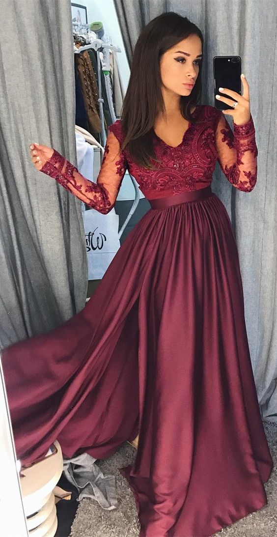 Elegant Burgundy Satin Prom Dress With Lace Appliques, Chic V-neck Long ...