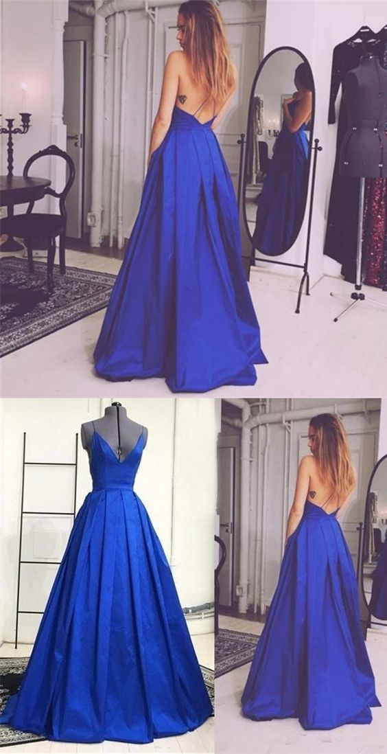 Elegant Royal Blue Spaghetti Strap Prom Dress, Sexy V-neck Spaghetti