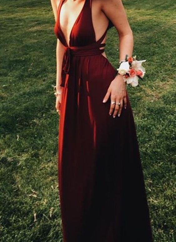 Sexy V Neck Burgundy Prom Dress With Split Sexy Evening Gown Y6361 main image 1