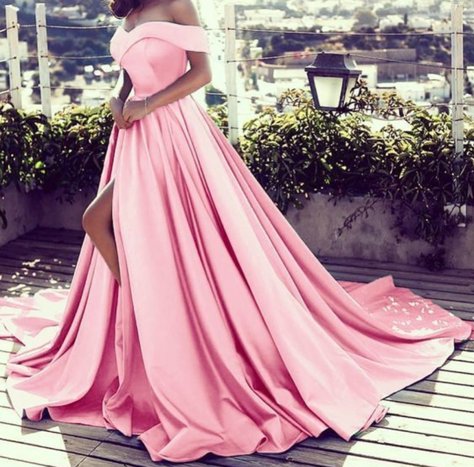 Pink Prom Dress Off The Shoulder Satin Evening Gowns With Slit on Luulla