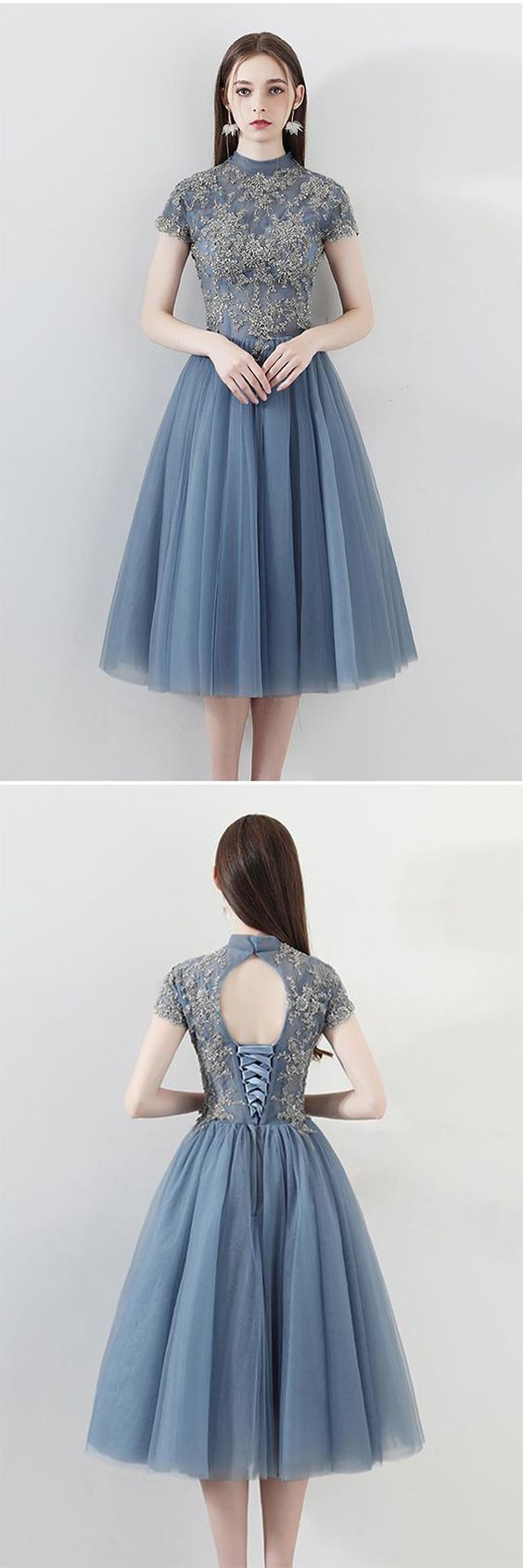 A-Line Sky Blue Tulle Applique Short Sleeveless Homecoming Dresses main image 1