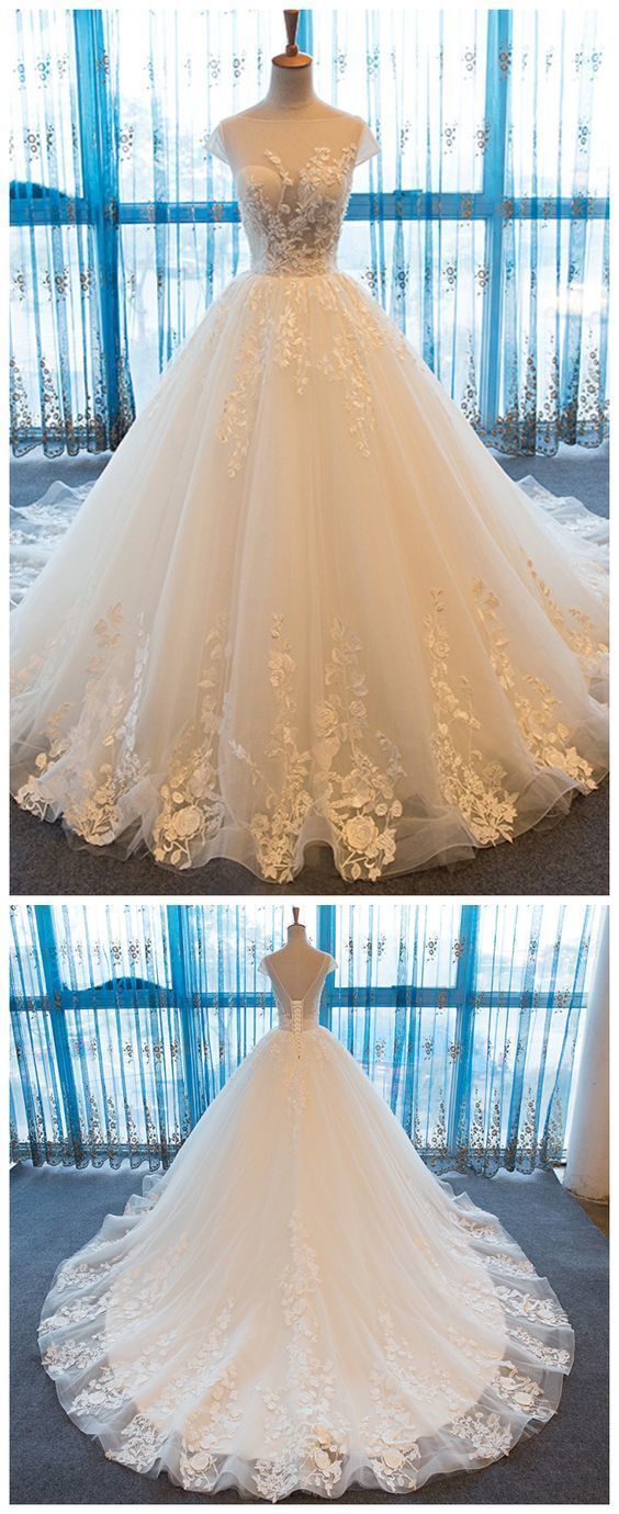 Vintage Sheer Wedding Dresses Cap Sleeve Ball Gown Tulle Bridal Gowns ...