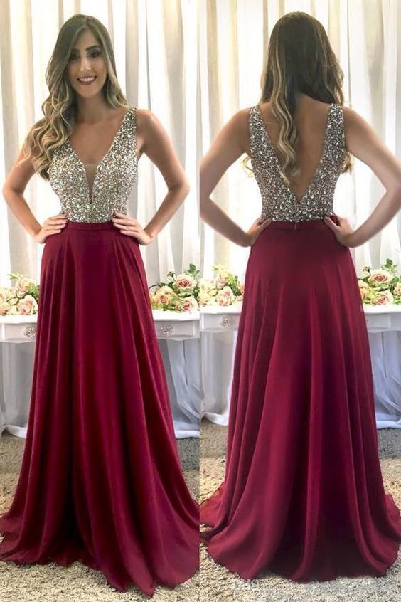 Newest Burgundy Long Sleeve Appliques Open Back Prom Dress